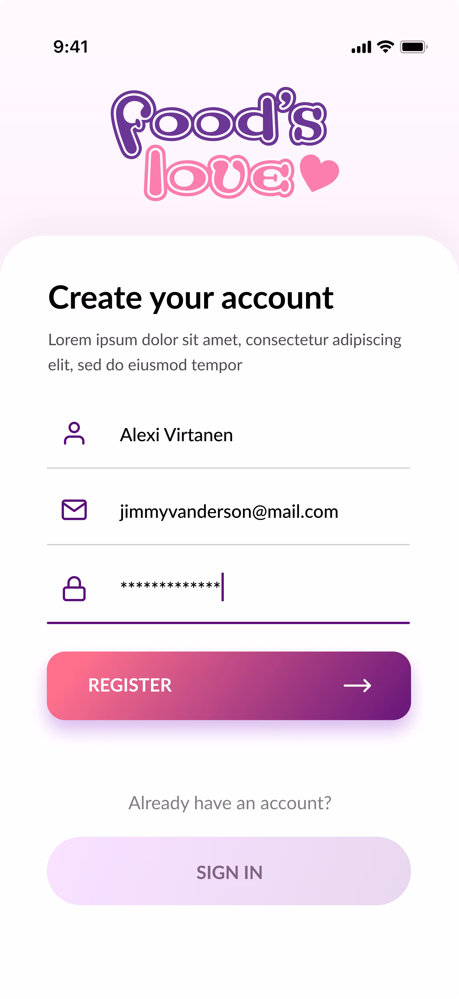 Foods Love sign-up screen